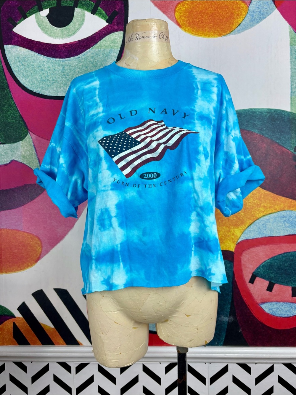 VTG 2000 Old Navy Blue Tie-Dye American Flag Crop Top